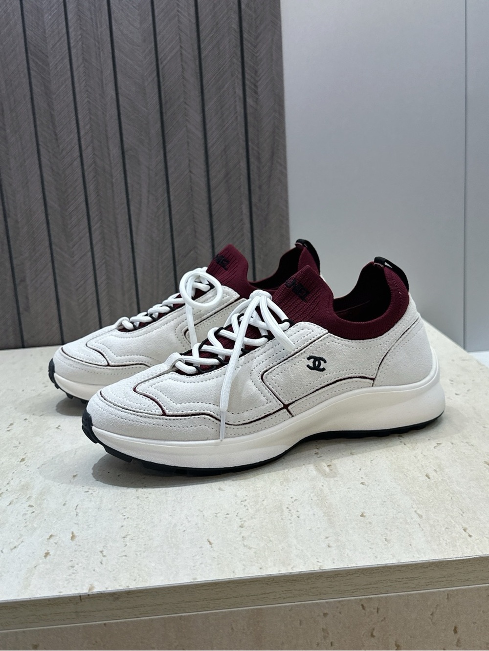 CHANEL White and Burgundy Suede Knit Runner Sneakers